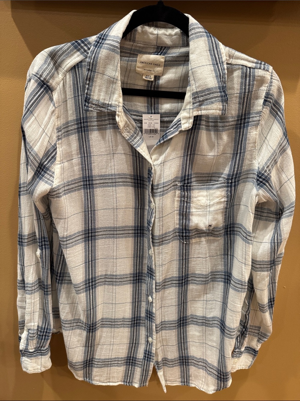 American Eagle Women’s White and Blue Plaid Button-Down Long Sleeve : M: NEW